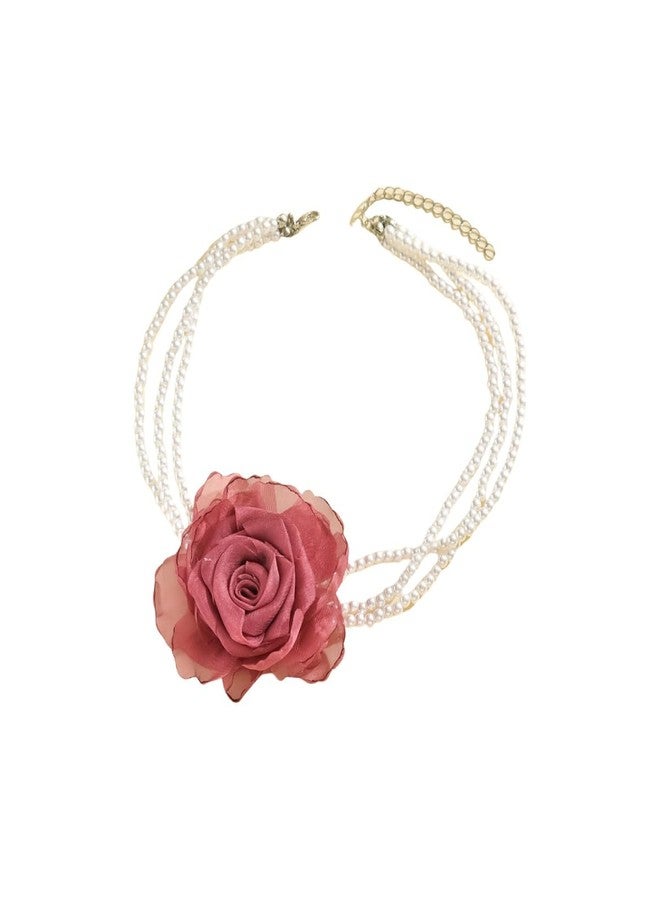 IS4U Layered Pearl Flower Choker Necklace Large Camellia Flower Necklace Multilayer Pearl Clavicle Fashion Statement Necklace Prom Party Banquet Wedding Dress Jewelry for Women (Rose Red) - Image 1